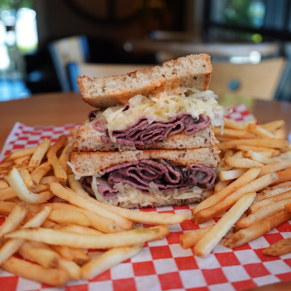 Stacked deli sandwich with melted cheese and sliced meat surrounded by golden fries on red-and-white checkered paper.