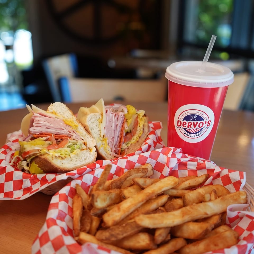 Dervo’s deli sandwich, golden fries, and red drink arranged on red-and-white checkered paper.