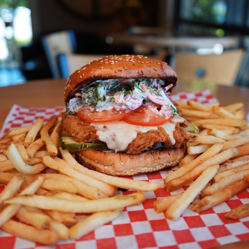 Crispy chicken burger with coleslaw, tomatoes, pickles, and sauce surrounded by fries on red-and-white checkered paper.